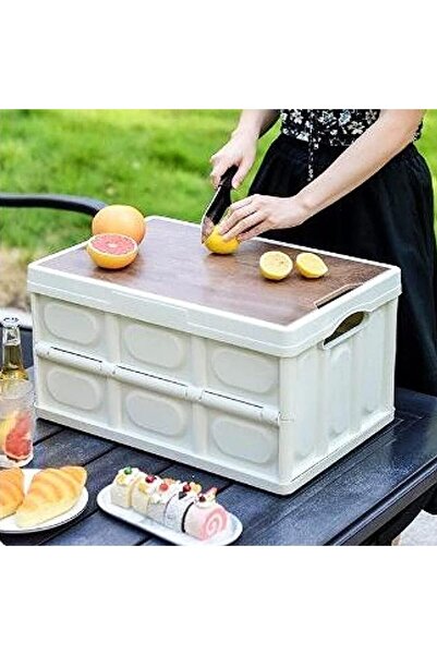 AutoFamily AUTO FAMILY Foldable Plastic Storage Box, Wooden Cover 55L, White