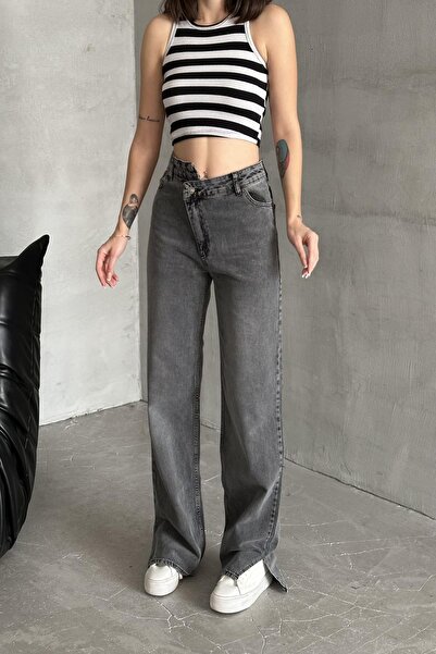 XRAY JEANS Kadın Bel Detaylı Bol Yırtmaçlı Füme Kot Pantolon