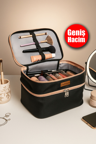 Deftion Profesyonel Çift Bölmeli Geniş Hacimli Makyaj Çantası Su Geçirmez Büyük Boy Seyahat Organizeri