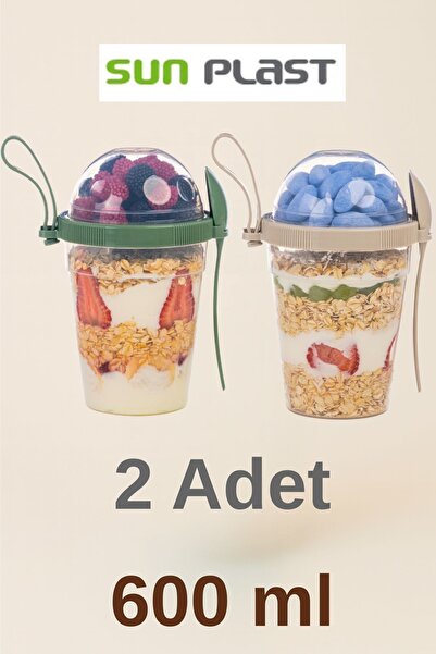 Sunplast 2 Adet Take N Go Kaşıklı Hazneli Meyveli Yoğurt Kabı Piknik Iş Atıştırmalık Müsli Granola Süt Bardak