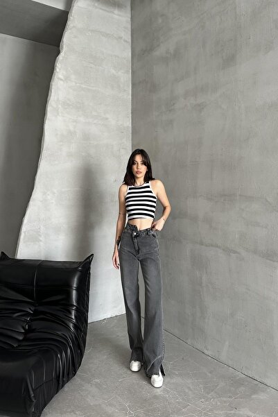 XRAY JEANS Kadın Bel Detaylı Bol Yırtmaçlı Füme Kot Pantolon