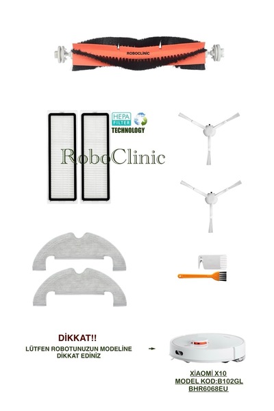 Roboclinic Set de perie, filtru și mop compatibil cu aspiratorul robot Xiaomi X10 (cod model: B102GL) - 9 bucăți
