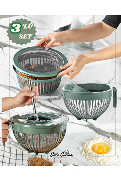 Stile Cucina 3-Piece Multi-Purpose Kitchen Set – Mixing Bowl, Rice Strainer, and Storage Container with Lid |