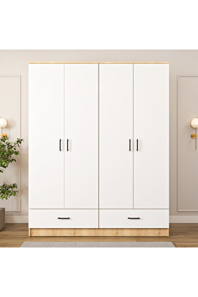 ASES Mobilya Esl0271 Geniş Gardırop Elbise Dolabı 4 Kapaklı Bol Raflı 2 Çekmeceli Modüler Dolap