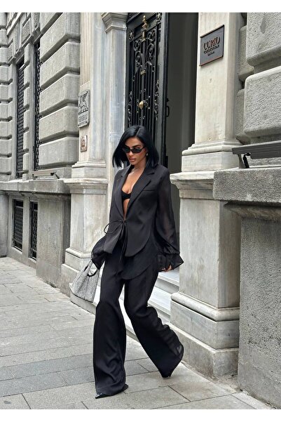 Friday Mood Women's Black Tulle Detailed Pants Jacket Set