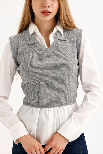 Cloudy Kids Glittery Shirt Collar Crop Women's Sweater