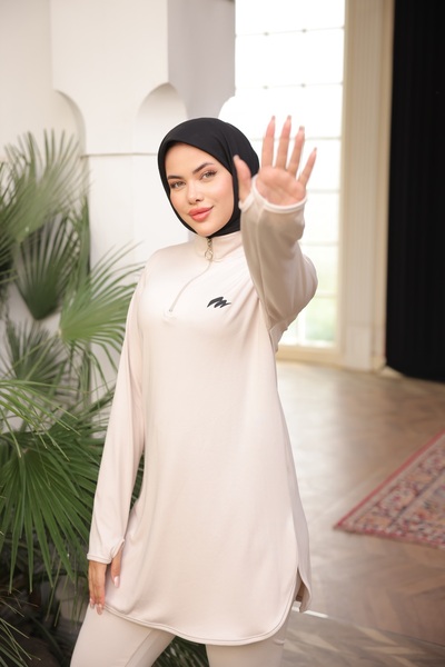 MİMİ Luxury Wear Bej Kadın Fermuarlı Dalgıç Kumaş Standart Kalıp Jogger Eşofman Takımı
