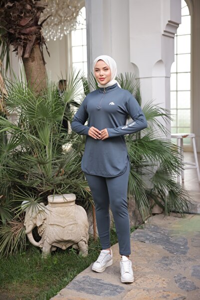 MİMİ Luxury Wear Γκρι γυναικείο σετ φόρμας Jogger - με φερμουάρ, ύφασμα κατάδυσης, Standard Fit