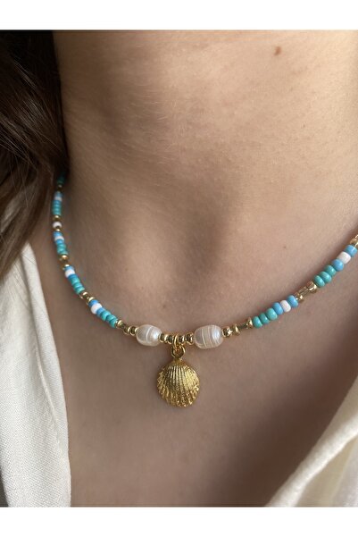 Anetta Jewelry Turkuaz boncuklu gerçek doğal barok inci detaylı çelik deniz k...
