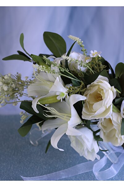 DUGİNA Şelale Gelin Buketi Gerçek Görünüm Zambak Lilyum Salaş Beyaz Gül Kamel...
