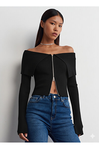 Dilvin 60252 Bardot Collar Zippered Knitwear Cardigan-Black