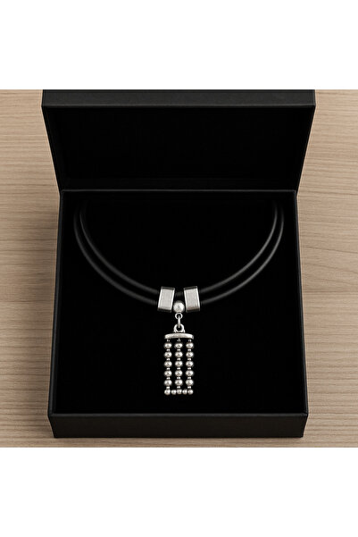 Kutcha Accessories Siyah Çift Kat Deri Kordon Dikdörtgen Boncuk Detaylı Kolye