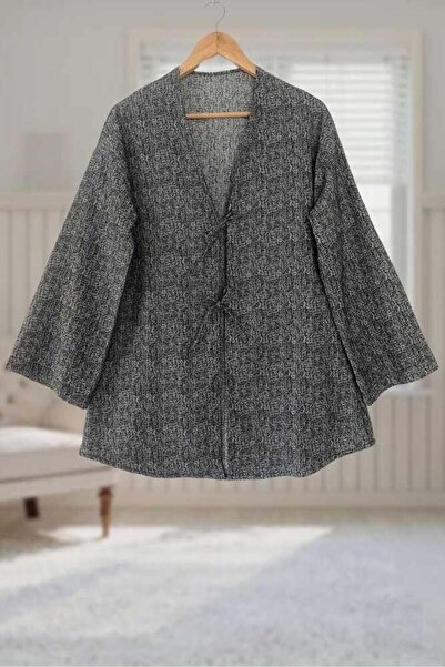 Aişe tesettür Anthracite Crushed Kimono Tunic with Tie Front / Lycra Iron-Free Fabric