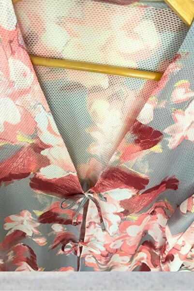 Aişe tesettür Gray Powder Floral Kimono Tunic with Tie Front / Lycra Summer Fabric 85 cm Length