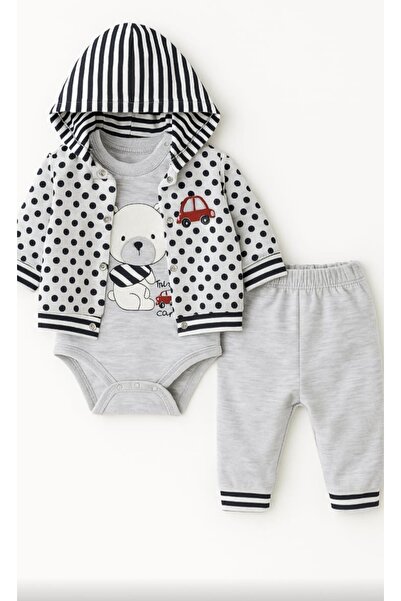 Babyim Babyblue Baby 3-Piece Set Snap-On Bodysuit Hooded Cardigan Pants Cotton