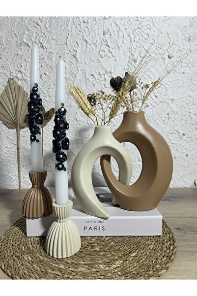 Zigzag Home Διακοσμητικό σετ βάζων 4 τεμαχίων, σετ 2 τεμαχίων Lover Ivy, σετ 2 τεμαχίων με κεριά, Κρέμα καφέ