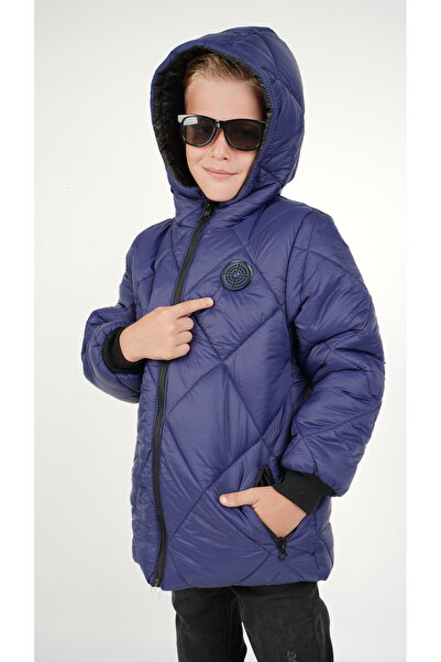 DUBLİNO KİDS LACİVERT BAKLAVA DESENLİ Erkek Çocuk Su Ve Rüzgar Geçirmez Içi Wersoftlu Kapşonlu Mont
