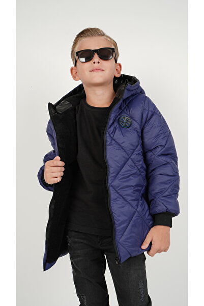 DUBLİNO KİDS LACİVERT BAKLAVA DESENLİ Erkek Çocuk Su Ve Rüzgar Geçirmez Içi Wersoftlu Kapşonlu Mont