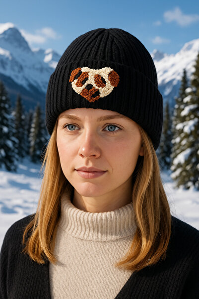 byebruketenci Beretă neagră cu detalii leopard și inimă, cadou de Anul Nou