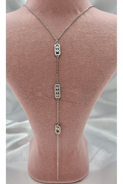 Nilonya Aksesuar Zirkon 3 Taşlı Silver Y Kolye 38 cm