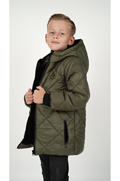 DUBLİNO KİDS Khaki Baklava Patterned Boy's Water and Windproof Hooded Coat with Wersoft Inside