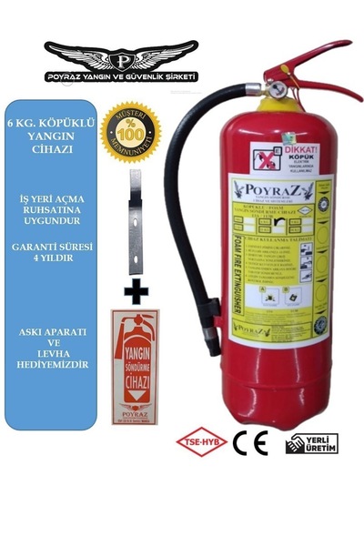 Genel Markalar 6kg Yangın Söndürme Tüpü Köpüklü 1 Adet Askı Aparatı Levha Hediyeli 2025 Dolum 2029 Tekrar Dolum