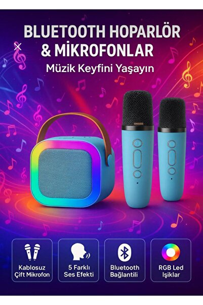 KTR TECH Çift Karaoke Mikrofonlu Kablosuz Bluetooth Hoparlör 5 Ses Efektli Rgb Hd Stereo Ses Usb/Sd/FM