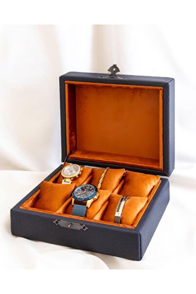 Shansora Design علبة ساعات مكونة من 6 قطع باللون الأزرق الداكن - تان، مغطاة ب...