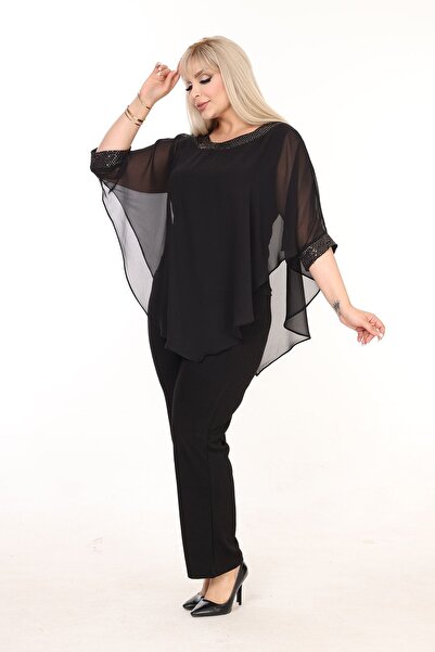 modayız Μπλούζα μεγάλου μεγέθους σε μαύρο χρώμα με χρυσή λεπτομέρεια 26B-2594