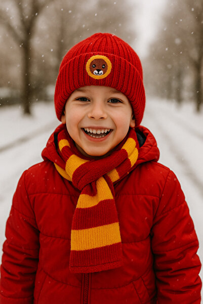 byebruketenci Kırmızı yün çocuk beresi aslan hayvan figürlü punch detaylı