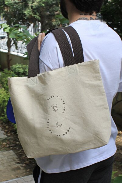 Sofist İstanbul Καμβάς τσάντα ώμου Καφέ βαμβακερή κολόνα λαβή και εμπριμέ μεσαίου μεγέθους μπεζ πάνινη τσάντα ώμου