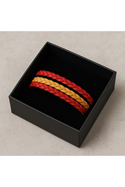 Kutcha Accessories Red and Tan Color Knitted Detailed Leather Bracelet