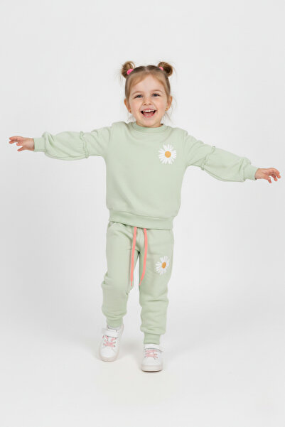 zepkids طقم بدلة رياضية للفتيات برقبة دائرية وأكمام طويلة منقوشة باللون الأخضر المائي