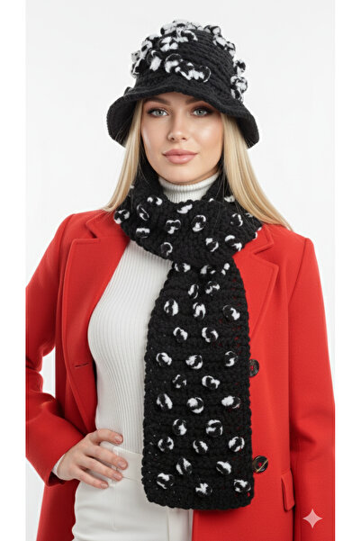 drt tasarım طقم قبعة وشاح طويل من سلسلة بونبونيلا الفاخرة باللون الأسود والأبيض