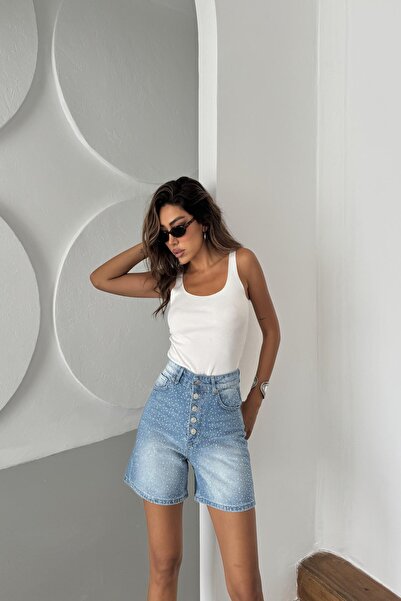 XRAY JEANS Kadın Taşlı Jeans Yazlık A.Mavi Dar Mini Kot Şort
