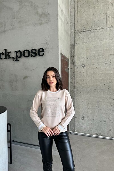 XRAY JEANS Γυναικείο φούτερ με λαιμόκοψη, διακοσμημένο με πέτρες, χαλαρό, κρεμ