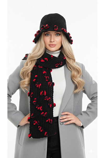 drt tasarım طقم قبعة وشاح طويل من سلسلة بونبونيلا الفاخرة باللون الأسود والأحمر