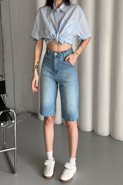 XRAY JEANS Kadın Jeans Diz Boy Midi Yazlık Bol Mavi Kot Şort