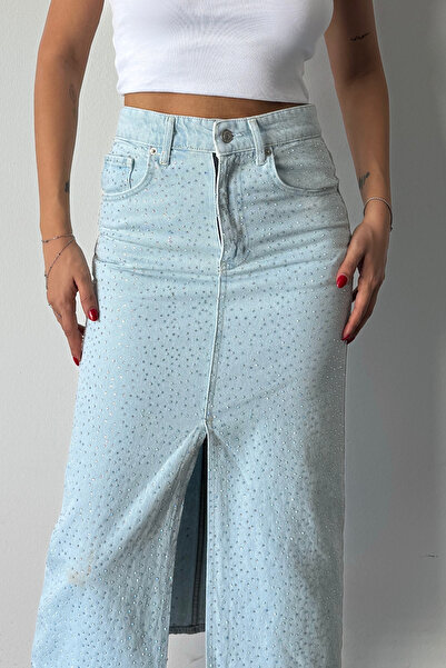 XRAY JEANS Fusta de denim lungă, strânsă, albastru gheață, cu fantă de piatră