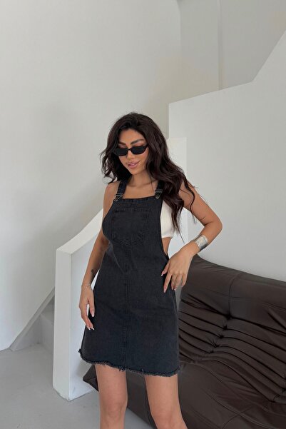 XRAY JEANS Women's Jeans Skirt Black Denim Salopet with Pockets and Straps