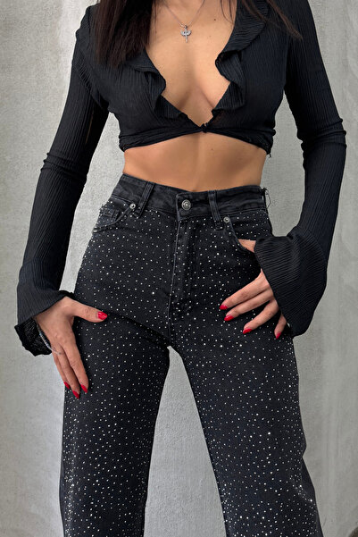 XRAY JEANS Kadın Taşlı Bol Paça Siyah Palazzo Kot Pantolon