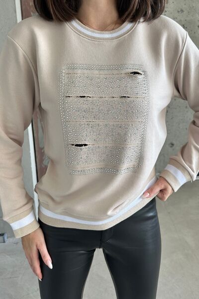 XRAY JEANS Γυναικείο φούτερ με λαιμόκοψη, διακοσμημένο με πέτρες, χαλαρό, κρεμ