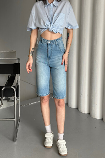 XRAY JEANS Kadın Jeans Diz Boy Midi Yazlık Bol Mavi Kot Şort