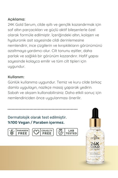 Orginx 24k Altın Parçacıklı Hyaluronik Asit Içeren Kırışıklık Karşıtı Kolajen Cilt Bakım Serum 30 ml