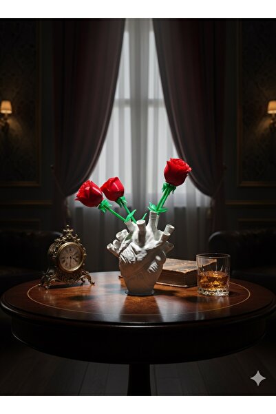 Melodyone Kalp Vazo ve 4 Gül – Dekoratif Plastik Biblo Tasarım Masa Süsü, Sev...