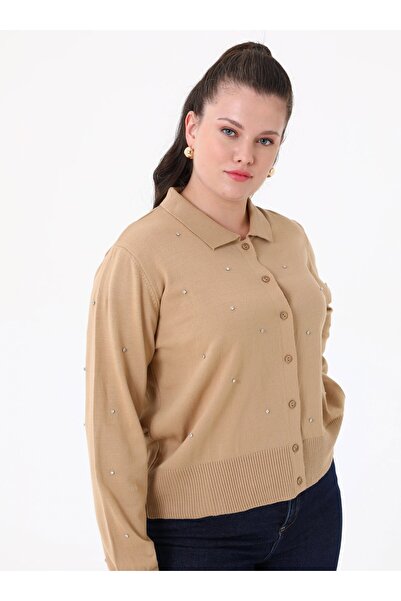 ALİA Large Size Stone Detailed Knitwear Cardigan - Mink - Alia