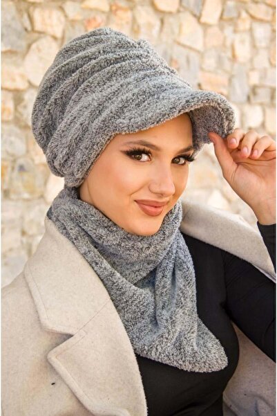 Aişe tesettür Grey Fur Hat and Etol Set