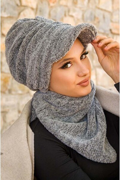 Aişe tesettür Grey Fur Hat and Etol Set