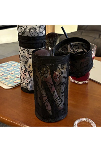 Miniso حقيبة مكياج شبكية سوداء من سانريو هالو كيتي بسعة كبيرة محمولة على شكل ...