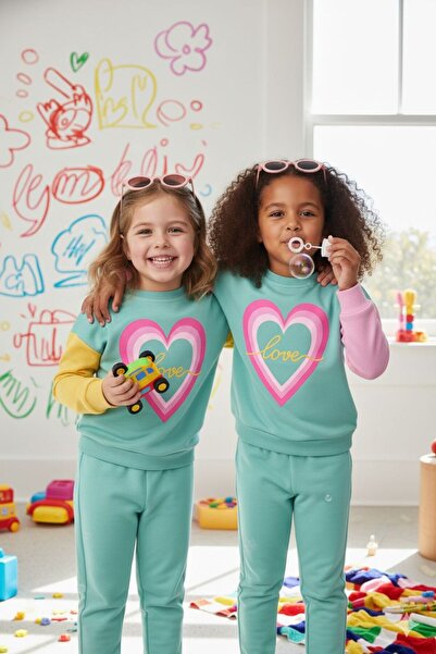 Neva Baby Boutique طقم رياضي ملون للفتيات - أخضر نعناعي، أصفر وردي بأكمام طوي...